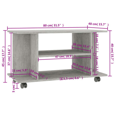 TV-taso rullapyörillä betoninharmaa 80x40x45 cm tekninen puu