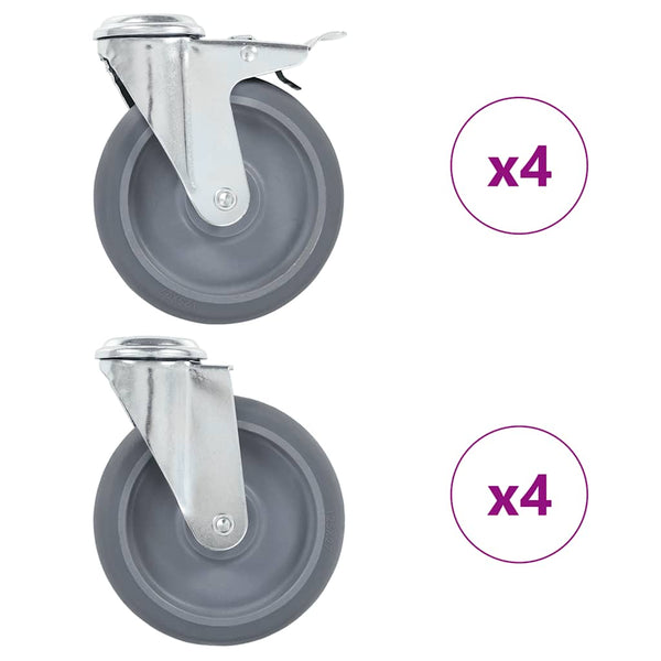 8 kpl pulttireikäisiä kääntyviä pyöriä 125 mm