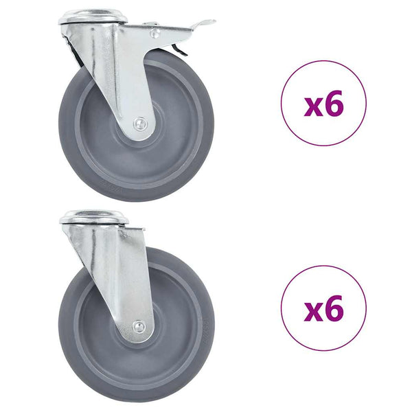 12 kpl pulttireikäisiä kääntyviä pyöriä 125 mm