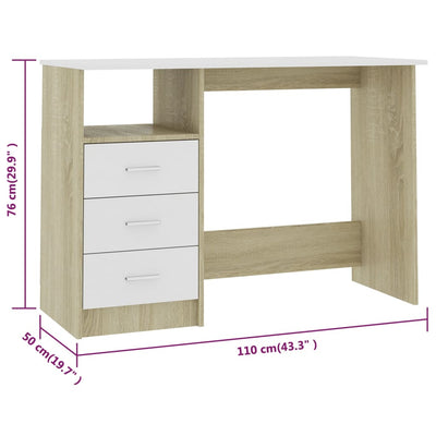 Työpöytä laatikoilla valk./Sonoma-tammi 110x50x76 cm lastulevy