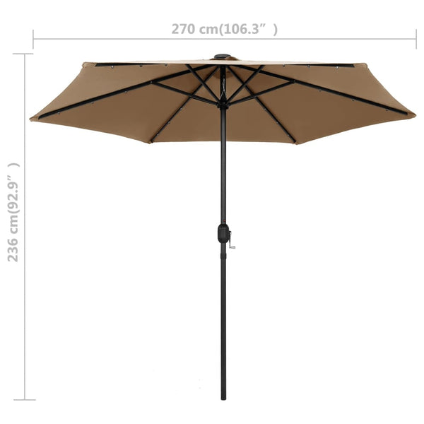 Aurinkovarjo LED-valot alumiinitolpalla 270 cm taupe
