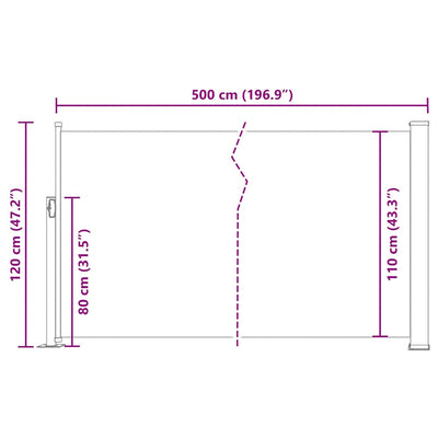 Sininen sisäänvedettävä terassin sivumarkiisi Snr 120x500cm