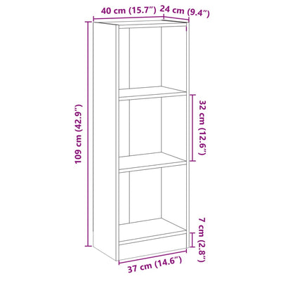 3-tasoinen kirjahylly harmaa 40x24x109 cm tekninen puu