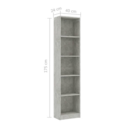 5-tasoinen kirjahylly betoninharmaa 40x24x175 cm tekninen puu