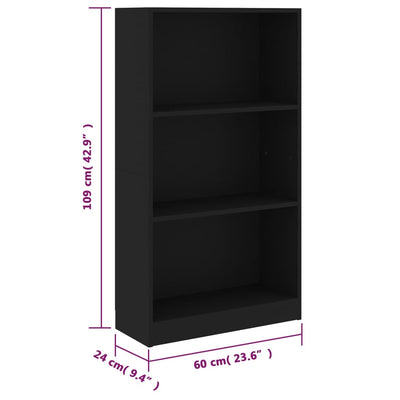 3-tasoinen kirjahylly musta 60x24x109 cm tekninen puu