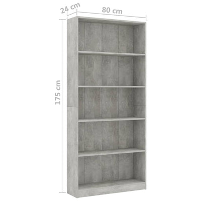 5-tasoinen kirjahylly betoninharmaa 80x24x175 cm tekninen puu