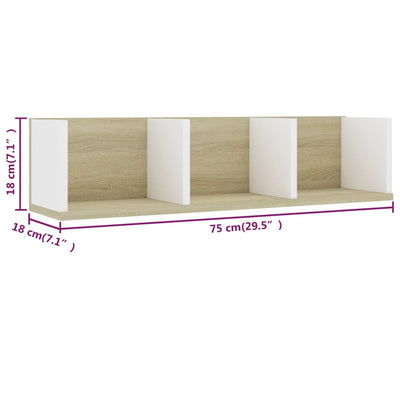 CD-seinähylly valkoinen ja Sonoma-tammi 75x18x18cm tekninen puu