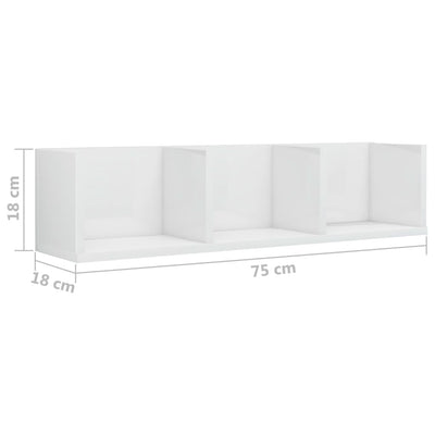 CD-seinähylly korkeakiilto valkoinen 75x18x18 cm tekninen puu