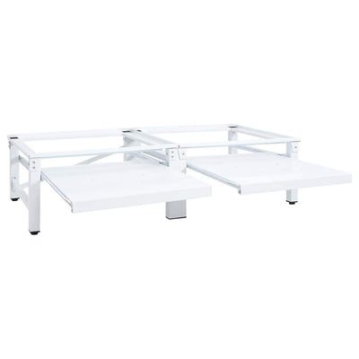 Valkoinen pesukoneen ja kuivausrummun korokejalusta hyllyillä Lumperdean