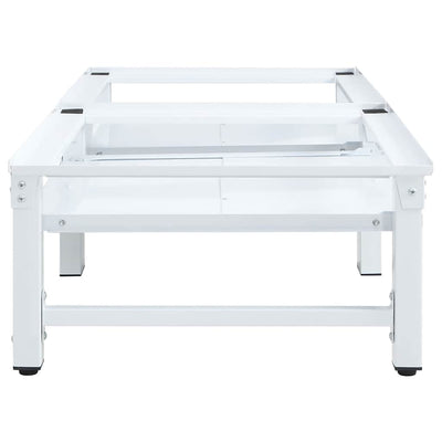 Valkoinen pesukoneen ja kuivausrummun korokejalusta hyllyillä Lumperdean