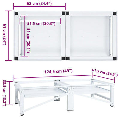 Valkoinen pesukoneen ja kuivausrummun korokejalusta hyllyillä Lumperdean