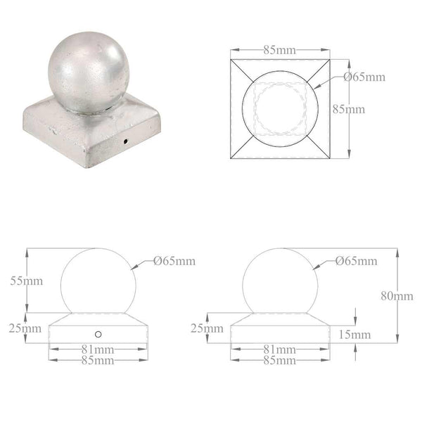 Pallon muotoiset tolpan kärjet 6 kpl galvanoitu metalli 81x81mm