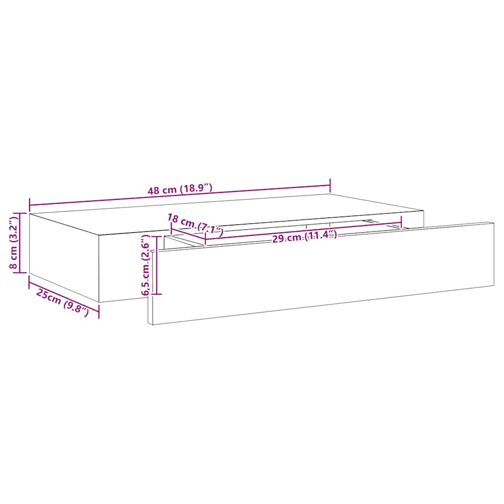 Musta kelluva seinähylly vetolaatikolla Eustrela 48x25x8cm
