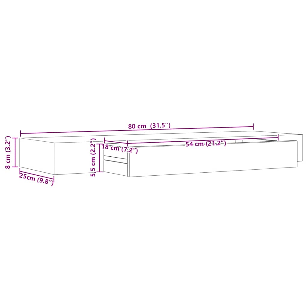 Musta kelluva seinähylly vetolaatikolla Eustrela 80x25x8cm