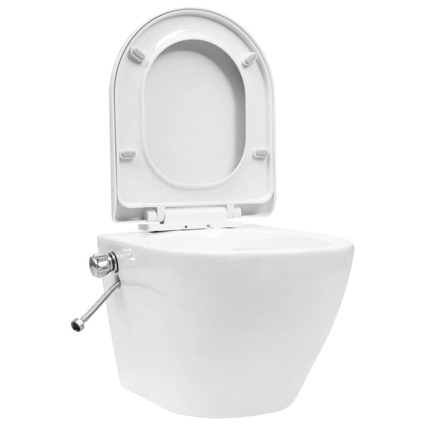 Valkoinen seinäkiinnitettävä reunaton wc/bidee keramiikka Rumeana