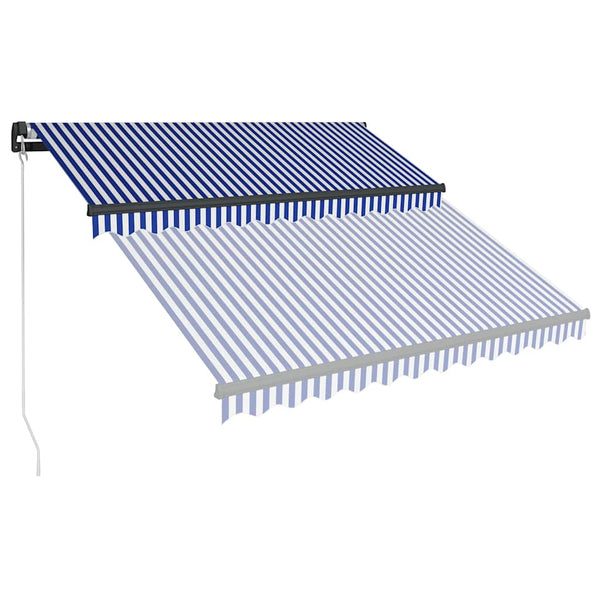 Sisäänkelattava markiisi LEDillä 350x250cm sininen ja valkoinen