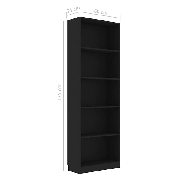 5-tasoinen kirjahylly musta 60x24x175 cm tekninen puu
