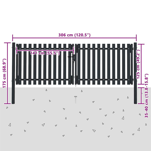 Kaksoisoviaitaportti teräs 300x125 cm antrasiitti