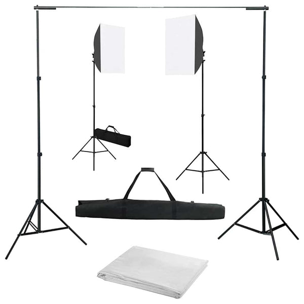 Valokuvastudiosarja softbox-valoilla ja taustakankaalla