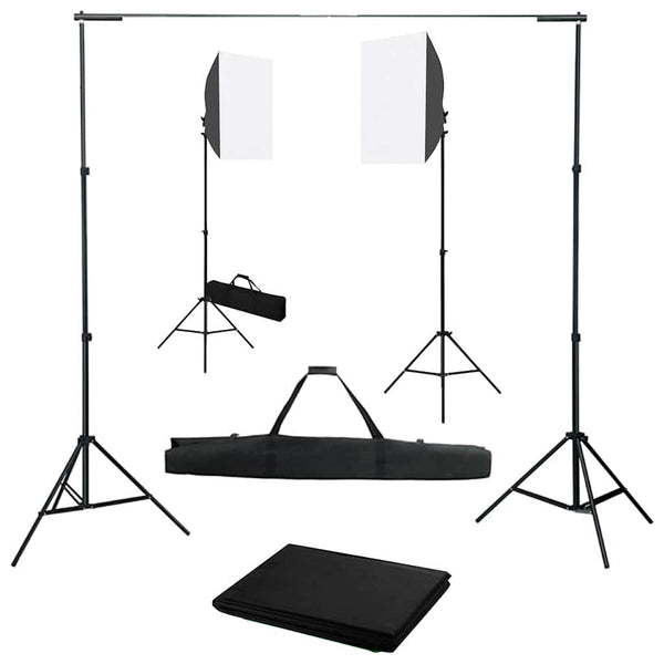 Valokuvastudiosarja softbox-valoilla ja taustakankaalla