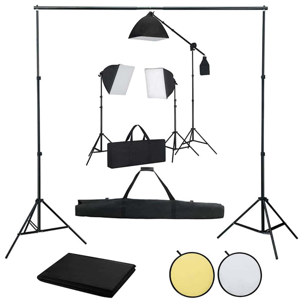 Valokuvastudiosarja softbox-valot, taustakangas ja heijastin