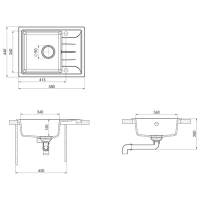 Harmaa keittiön tiskiallas ylivuotoreiällä ovaali Panorea (graniitti)