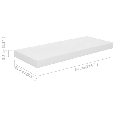 Kelluvat seinähyllyt 2kpl korkeakiilto valk. 60x23,5x3,8 cm MDF