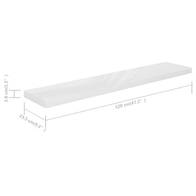 Kelluvat seinähyllyt 2kpl kork.kiilto valk. 120x23,5x3,8 cm MDF