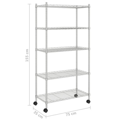 5-kerroksinen varastohylly pyörillä 75x35x155 cm kromi 250 kg