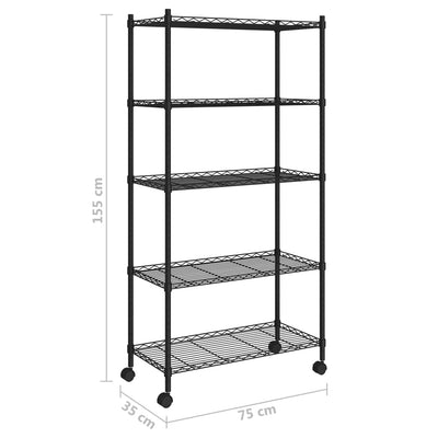 5-kerroksinen varastohylly pyörillä 75x35x155 cm musta 250 kg