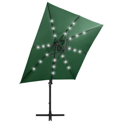 Aurinkovarjo cantilever tolpalla ja LED-valoilla 250 cm vihreä