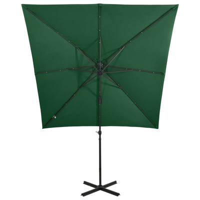 Aurinkovarjo cantilever tolpalla ja LED-valoilla 250 cm vihreä