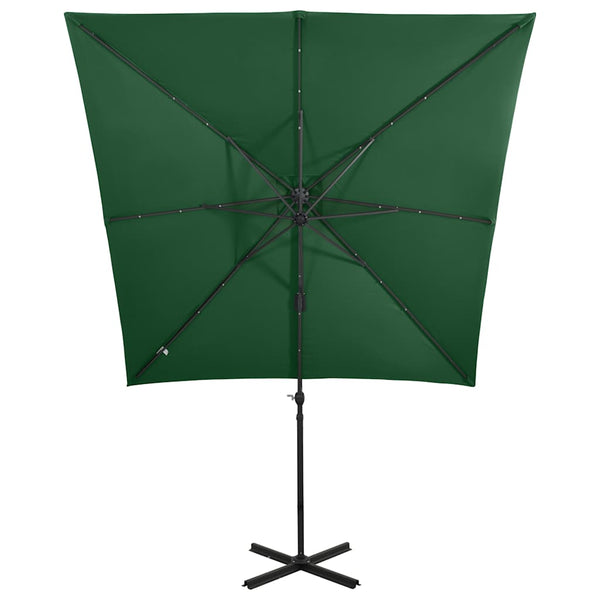 Vihreä aurinkovarjo cantilever tolpalla ja led-valoilla Pasraschiva 250cm
