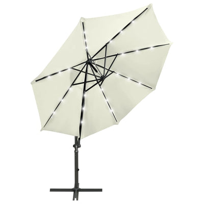 Aurinkovarjo cantilever tolpalla ja LED-valoilla 300 cm hiekka
