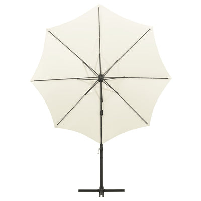 Aurinkovarjo cantilever tolpalla ja LED-valoilla 300 cm hiekka