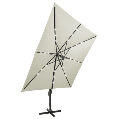Aurinkovarjo cantilever tolpalla ja LED-valoilla 300 cm hiekka