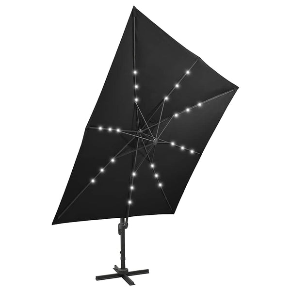 Musta aurinkovarjo cantilever tolpalla ja led-valoilla Latinca 300cm