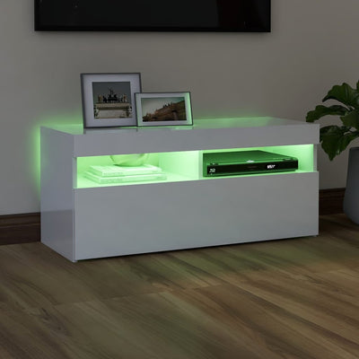 TV-taso LED-valoilla korkeakiilto valkoinen 90x35x40 cm