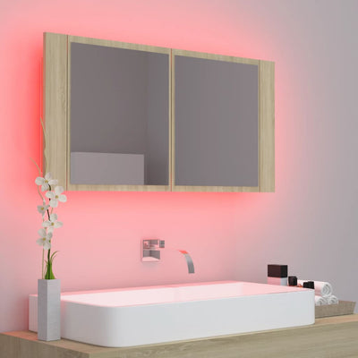 Kylpyhuoneen LED peilikaappi Sonoma-tammi 90x12x45 cm akryyli