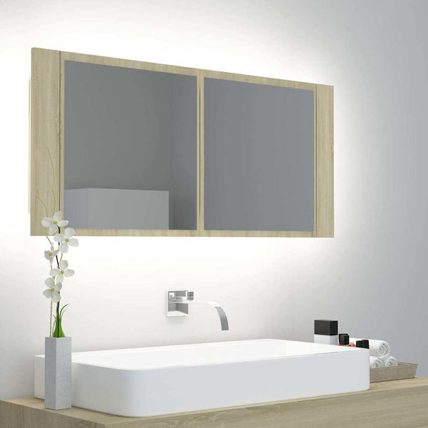 Kylpyhuoneen LED peilikaappi Sonoma-tammi 100x12x45 cm akryyli