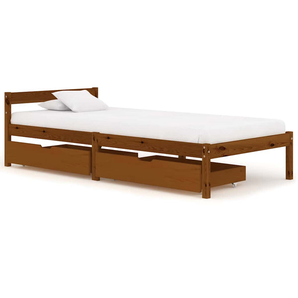 Sängynrunko 2 vetolaatikolla hunajanrusk. täysi mänty 90x200 cm