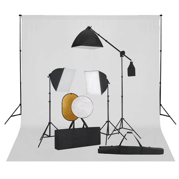 Valokuvastudiosarja softbox-valot, taustakangas ja heijastin