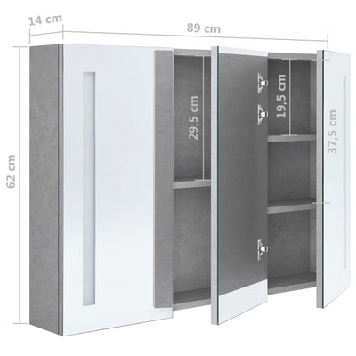 LED kylpyhuoneen peilikaappi betoninharmaa 89x14x62 cm