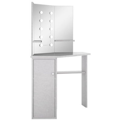 Meikkipöytä kulmaan LED-valoilla betoninharmaa 111x54x141,5 cm
