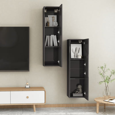TV-tasot 2 kpl korkeakiilto harmaa 30,5x30x110 cm tekninen puu