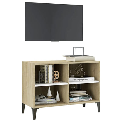 TV-taso metallijaloilla valkoinen ja Sonoma-tammi 69,5x30x50 cm