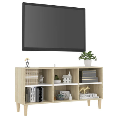 TV-taso täyspuiset jalat valkoinen/Sonoma-tammi 103,5x30x50 cm