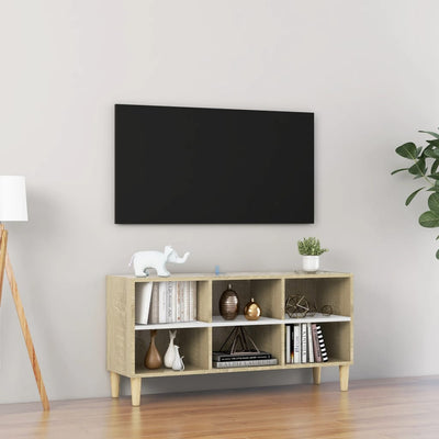 TV-taso täyspuiset jalat valkoinen/Sonoma-tammi 103,5x30x50 cm