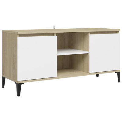 TV-taso metallijaloilla valkoinen/Sonoma-tammi 103,5x35x50 cm