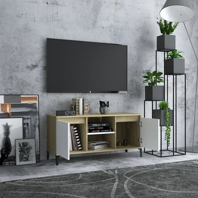 TV-taso metallijaloilla valkoinen/Sonoma-tammi 103,5x35x50 cm